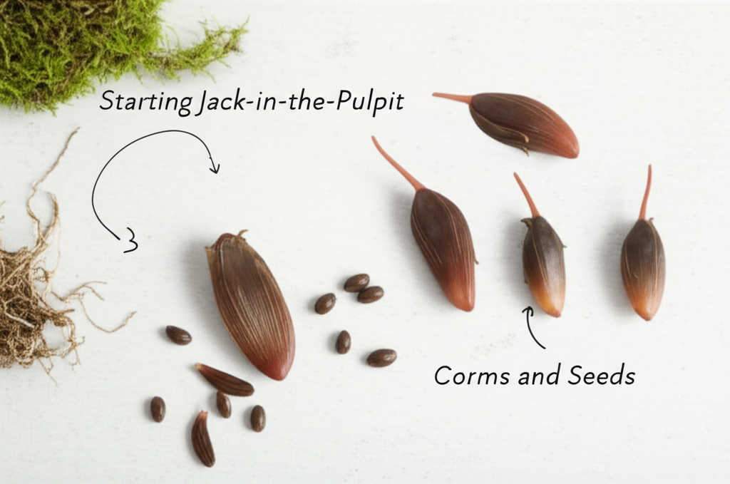 Jack-in-the-Pulpit propagation from small corms and seeds section visual